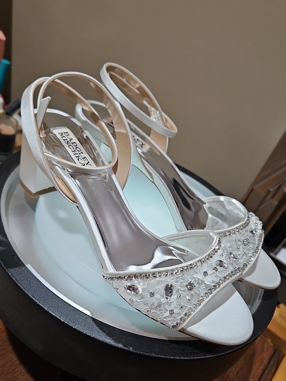Badgley Mischka Ivory Crystal Embellished Satin Block Heel Sandals